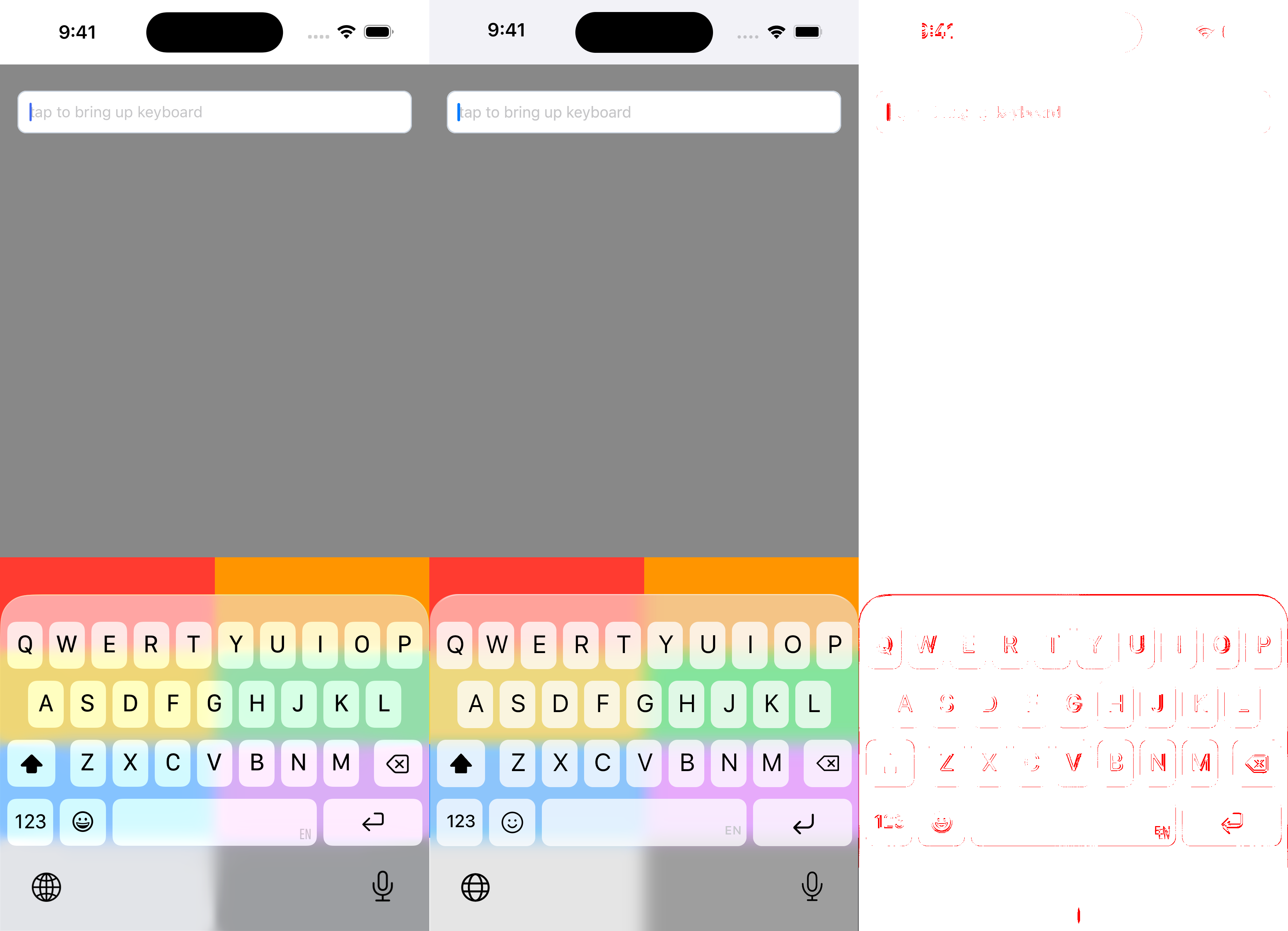 Three-panel conformance proof. React Native on iOS is on the left, SootSim is in the middle, and the red pixel-difference mask is on the right.
